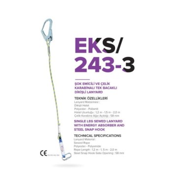 Lanyard Şok Emicili Çelik Karabinalı Tek Bacaklı Dikişli 1,2 mt Eks 