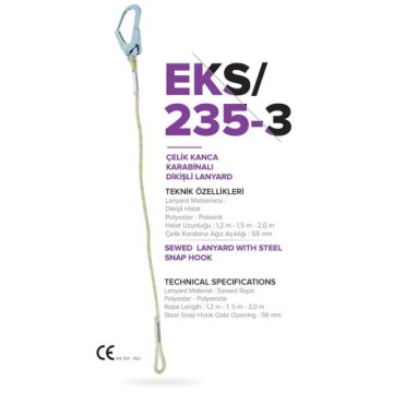 Lanyard Çelik Kanca Karabinalı Dikişli 1.2 mt EKS235-3 Eks